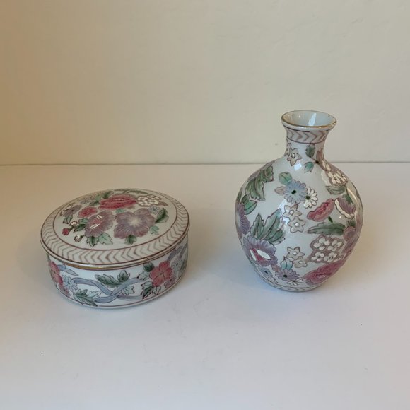 Vintage Chinoiserie Floral Vase & Candy Dish with Lid 3 PC Set Pink & Green - Picture 1 of 6